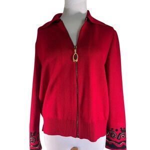 St. John Collection Marie Gray Red Knit Embellished Zip Up Small Cardigan Jacket